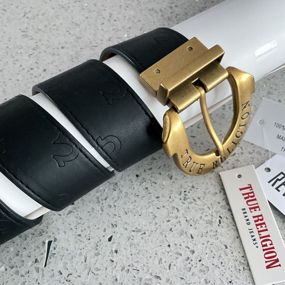 + True Religion Belt Black Brown Reversible Logo Imprint Gold-tone Horseshoe - Picture 4 of 9